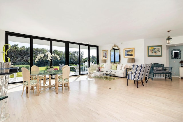 living room featuring a wall of windows and light wood-type flooring