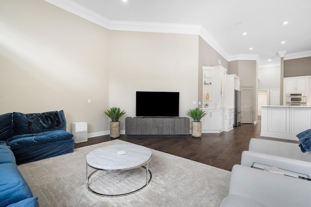 living room featuring ornamental molding and dark hardwood / wood-style floors