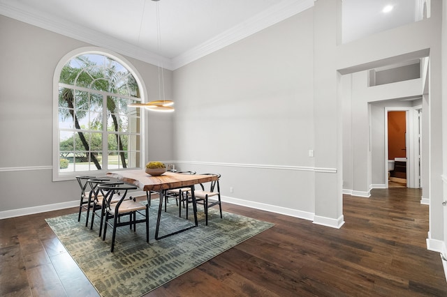 dining room with ornamental molding and dark hardwood / wood-style flooring