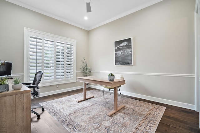 office featuring crown molding, dark hardwood / wood-style floors, and ceiling fan