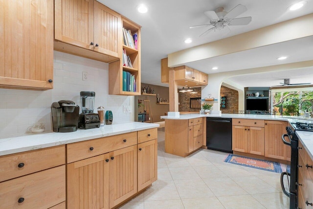 kitchen featuring light brown cabinetry, tasteful backsplash, kitchen peninsula, ceiling fan, and black appliances