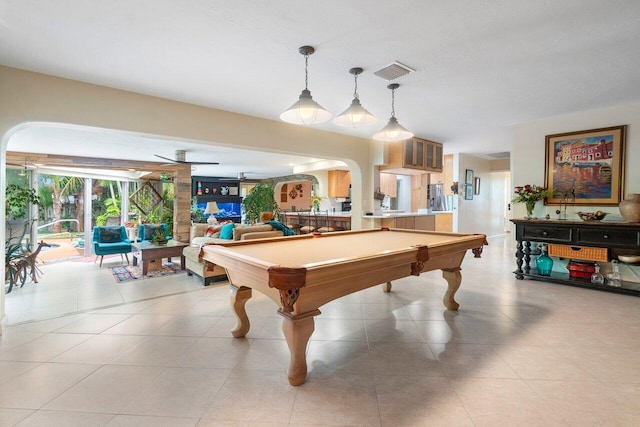 recreation room with ceiling fan, pool table, and light tile patterned floors