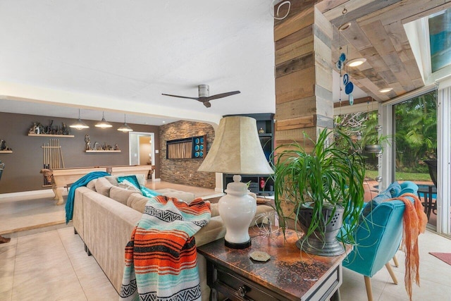 living room featuring ceiling fan, billiards, and light tile patterned floors