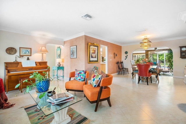 living room featuring crown molding