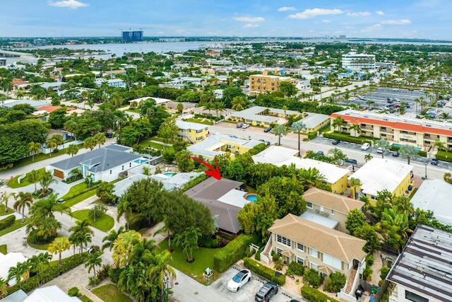 drone / aerial view featuring a water view