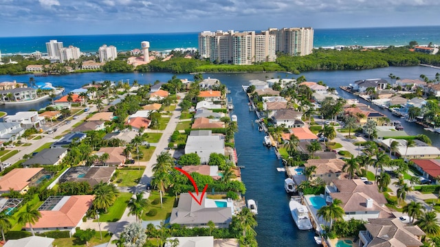 aerial view featuring a water view