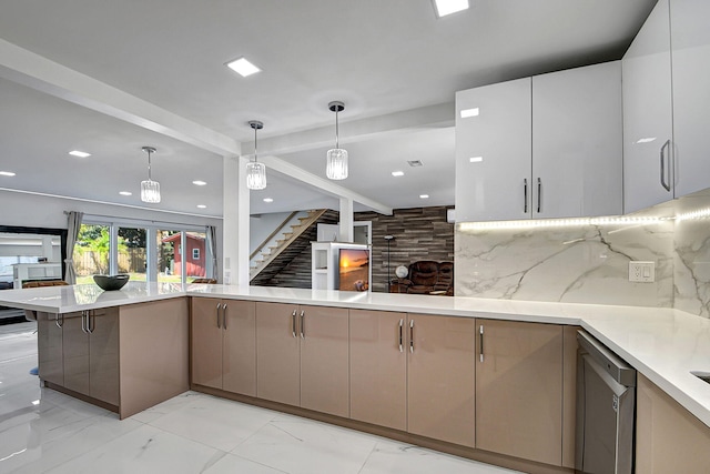 kitchen featuring hanging light fixtures, dishwasher, kitchen peninsula, and decorative backsplash