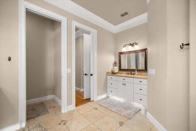 bedroom with wood-type flooring, ornamental molding, access to exterior, ceiling fan, and french doors