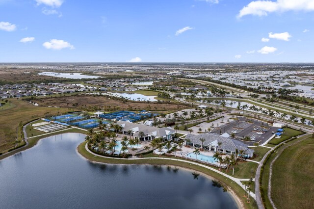 drone / aerial view featuring a water view