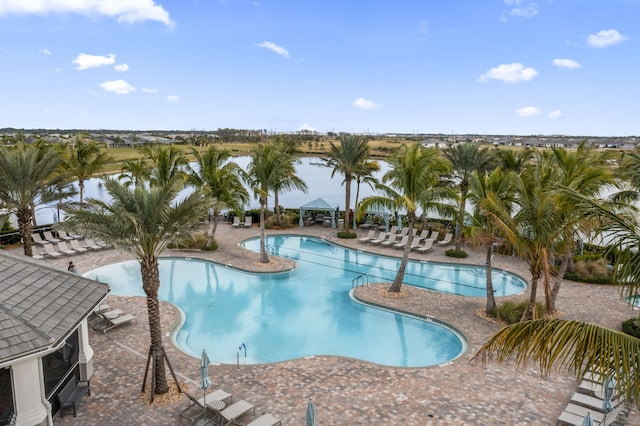 view of pool featuring a gazebo and a patio