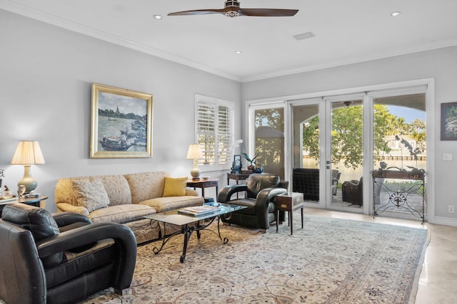 living room with french doors, ceiling fan, ornamental molding, and a wealth of natural light