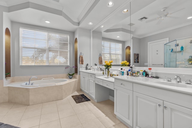 bathroom featuring crown molding, ceiling fan, vanity, tile patterned floors, and shower with separate bathtub