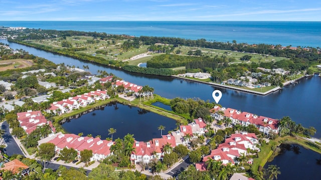 drone / aerial view featuring a water view