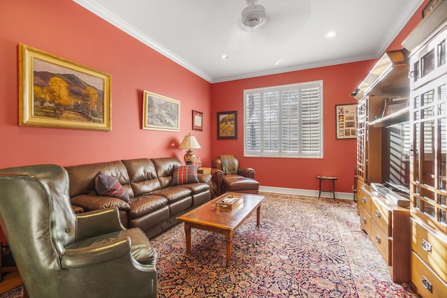 living room featuring crown molding