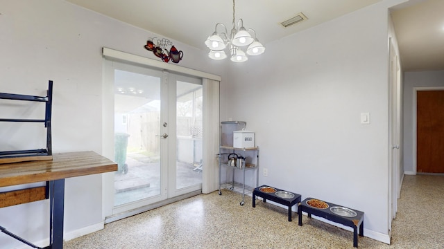 doorway to outside featuring an inviting chandelier, speckled floor, visible vents, french doors, and baseboards