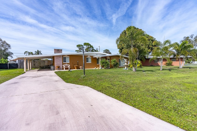 single story home featuring concrete driveway, a chimney, a carport, fence, and a front yard