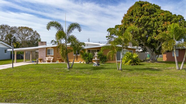 ranch-style house featuring a carport and a front yard