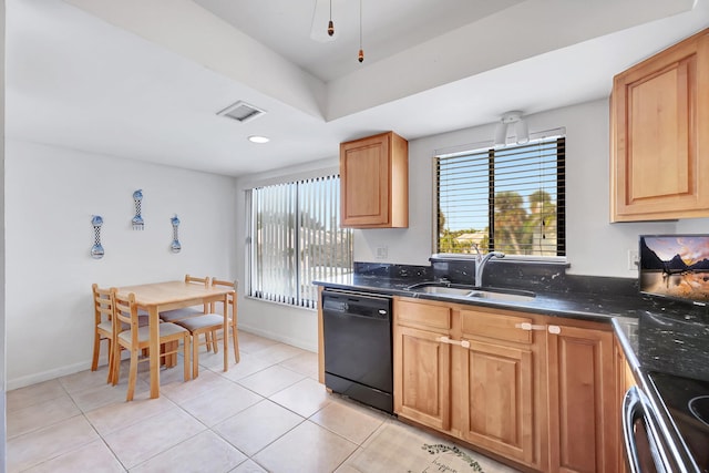 kitchen with stainless steel electric range oven, light tile patterned flooring, dishwasher, sink, and dark stone counters