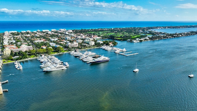 drone / aerial view featuring a water view