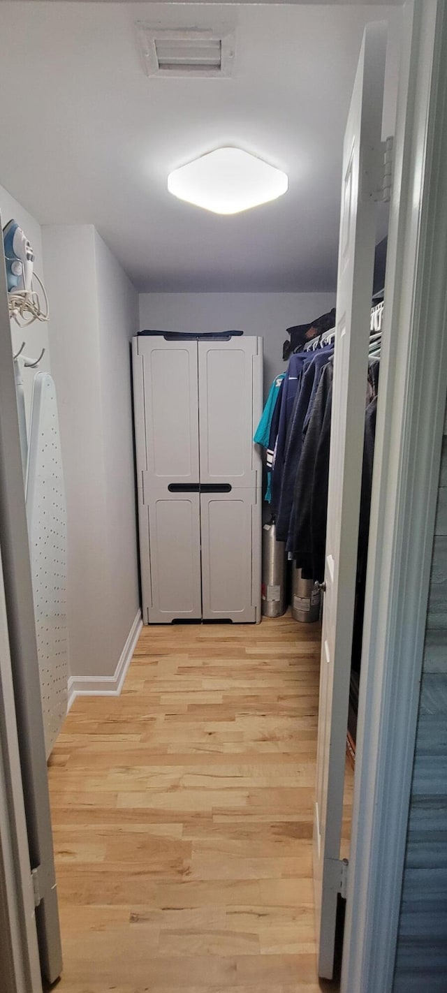 walk in closet with light hardwood / wood-style flooring