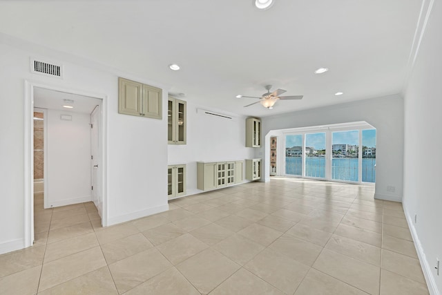 empty room with light tile patterned flooring, recessed lighting, visible vents, baseboards, and a ceiling fan