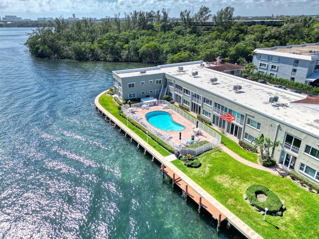 birds eye view of property featuring a water view