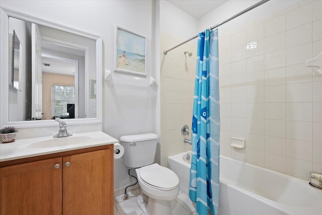 full bathroom with tile patterned flooring, vanity, shower / tub combo with curtain, and toilet