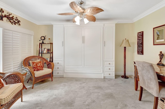 sitting room with ceiling fan and ornamental molding