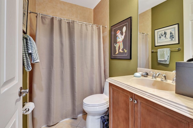 bathroom featuring vanity, tile patterned floors, toilet, and a shower with shower curtain