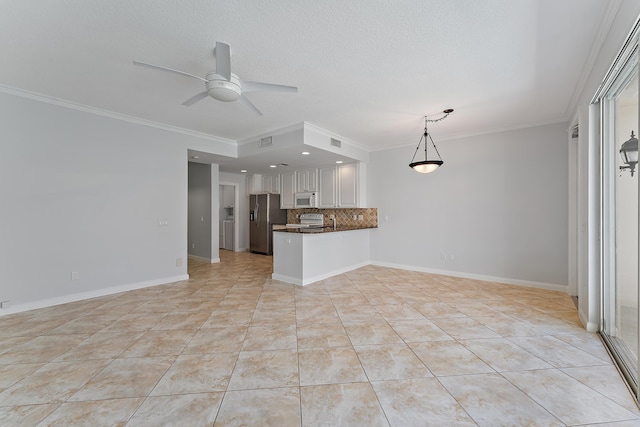 kitchen with white cabinetry, ornamental molding, ceiling fan, kitchen peninsula, and white appliances