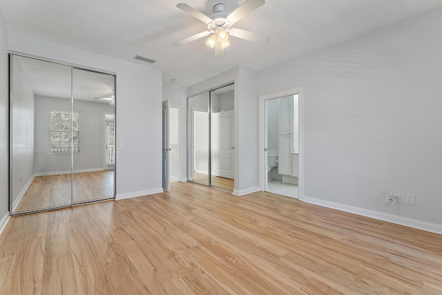 unfurnished bedroom with light hardwood / wood-style flooring and ceiling fan