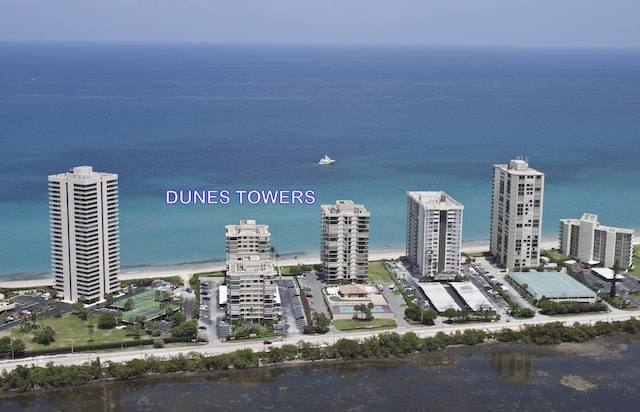 bird's eye view featuring a water view and a view of the beach