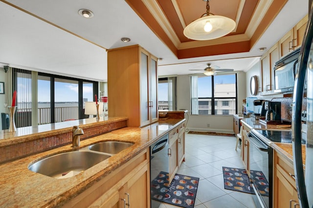 tiled dining room featuring floor to ceiling windows and ceiling fan