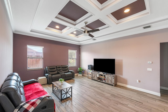 living room featuring light wood-type flooring, coffered ceiling, ceiling fan, crown molding, and beam ceiling