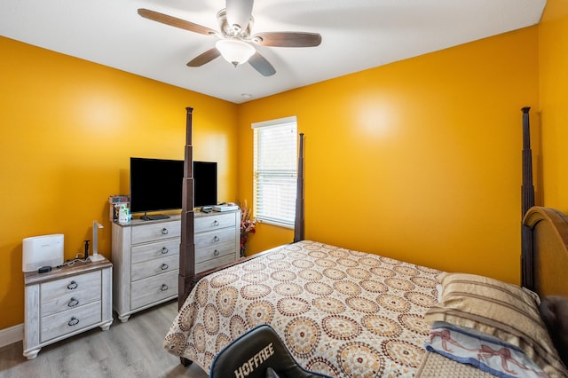 bedroom featuring ceiling fan and light wood-type flooring