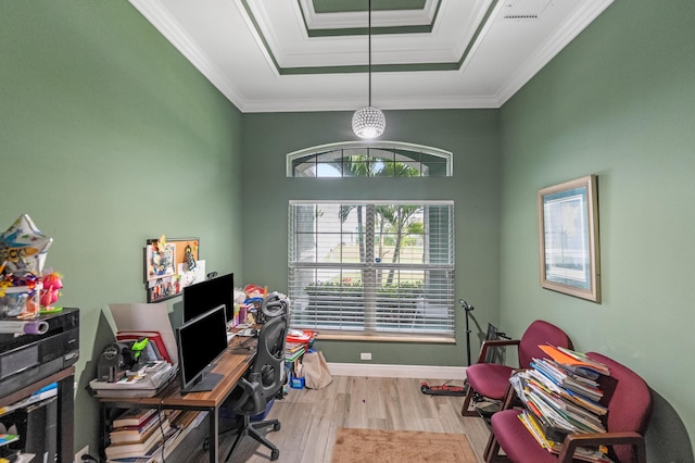 office featuring crown molding, a raised ceiling, and light hardwood / wood-style flooring