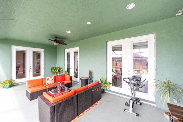 view of patio featuring an outdoor living space, french doors, and ceiling fan