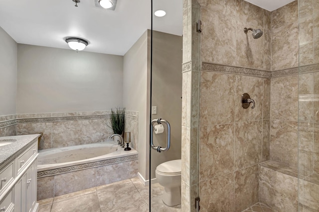 full bathroom featuring vanity, toilet, independent shower and bath, and tile patterned flooring