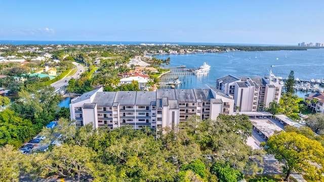 drone / aerial view with a water view