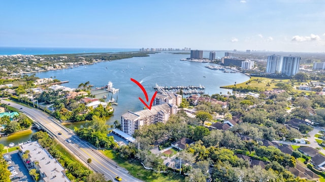 drone / aerial view featuring a water view