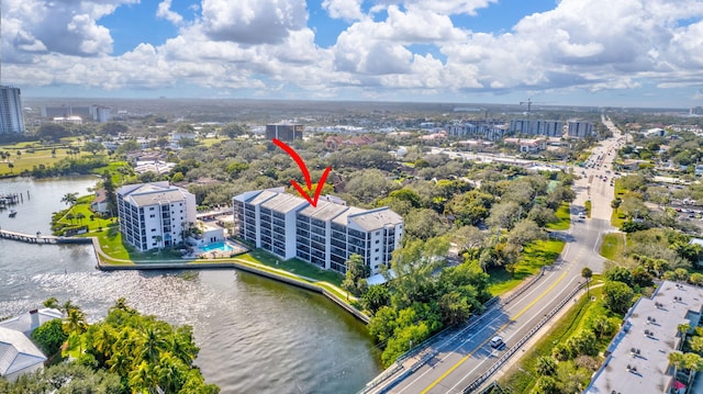 drone / aerial view featuring a water view