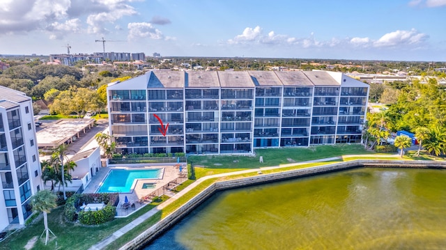 drone / aerial view featuring a water view