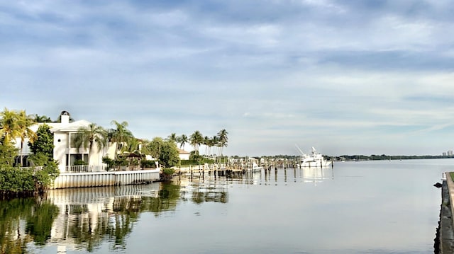 view of water feature with a dock