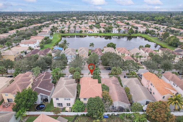 drone / aerial view featuring a water view