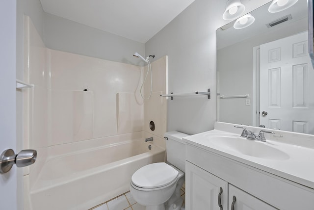 full bathroom with vanity, bathtub / shower combination, tile patterned floors, and toilet