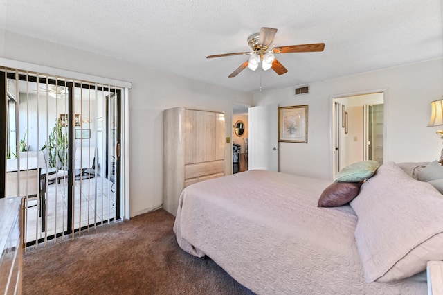 bedroom with ceiling fan, ensuite bathroom, carpet, a textured ceiling, and access to outside