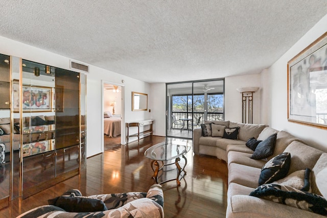 living room with a textured ceiling and dark hardwood / wood-style flooring