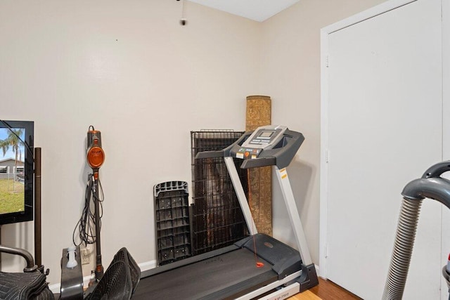 workout area with hardwood / wood-style flooring