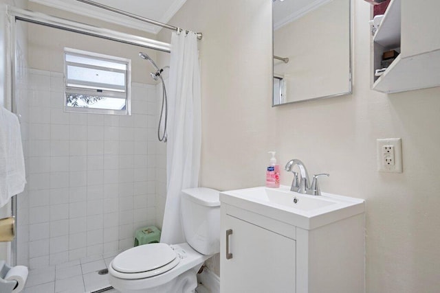 bathroom with crown molding, vanity, toilet, and a shower with shower curtain