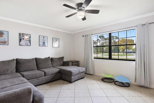 living room with light tile patterned floors, crown molding, a textured ceiling, and ceiling fan